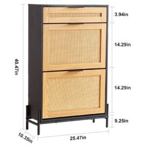 rattan shoe cabinet, narrow shoe storage organizer with 2 flip rattan drawers & 1 slide drawer, metal legs, slim shoe entryway cabinet ideal for entryway, closet, hallway, black