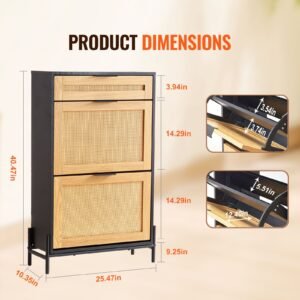 rattan shoe cabinet, narrow shoe storage organizer with 2 flip rattan drawers & 1 slide drawer, metal legs, slim shoe entryway cabinet ideal for entryway, closet, hallway, black