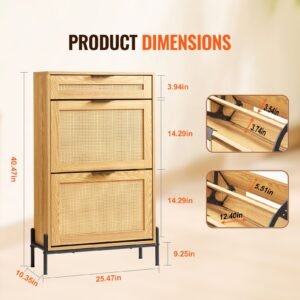 rattan shoe cabinet, narrow shoe storage organizer with 2 flip rattan drawers & 1 slide drawer, metal legs, slim shoe entryway cabinet ideal for entryway, closet, hallway, light wood color