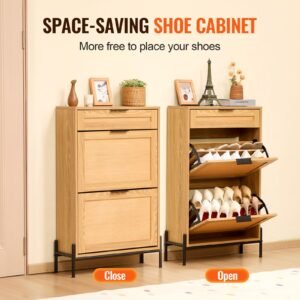 rattan shoe cabinet, narrow shoe storage organizer with 2 flip rattan drawers & 1 slide drawer, metal legs, slim shoe entryway cabinet ideal for entryway, closet, hallway, light wood color