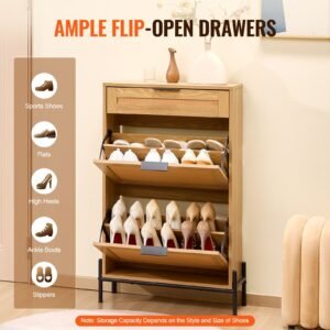 rattan shoe cabinet, narrow shoe storage organizer with 2 flip rattan drawers & 1 slide drawer, metal legs, slim shoe entryway cabinet ideal for entryway, closet, hallway, light wood color