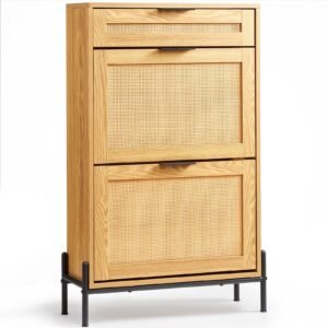 Rattan Shoe Cabinet, Narrow Shoe Storage Organizer with 2 Flip Rattan Drawers & 1 Slide Drawer, Metal Legs, Slim Shoe Entryway Cabinet Ideal for Entryway, Closet, Hallway, Light Wood Color