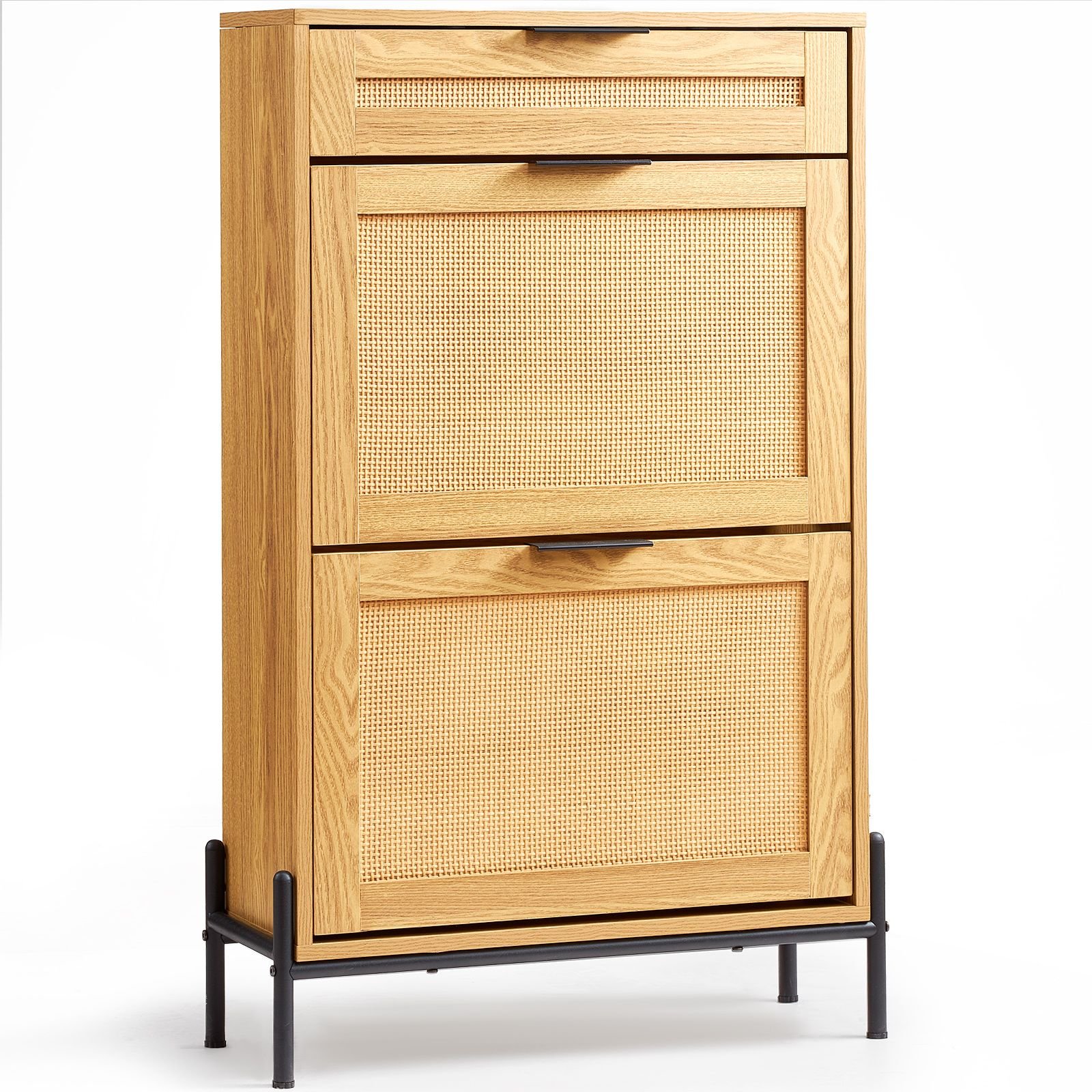 rattan shoe cabinet, narrow shoe storage organizer with 2 flip rattan drawers & 1 slide drawer, metal legs, slim shoe entryway cabinet ideal for entryway, closet, hallway, light wood color