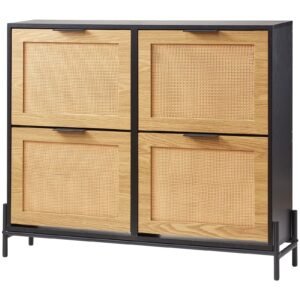 rattan shoe cabinet, narrow shoe storage organizer with 4 flip drawers, slim shoe entryway storage cabinet with metal legs, ideal for entryway, closet, hallway, light wood color