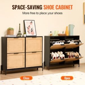 rattan shoe cabinet, narrow shoe storage organizer with 4 flip drawers, slim shoe entryway storage cabinet with metal legs, ideal for entryway, closet, hallway, light wood color