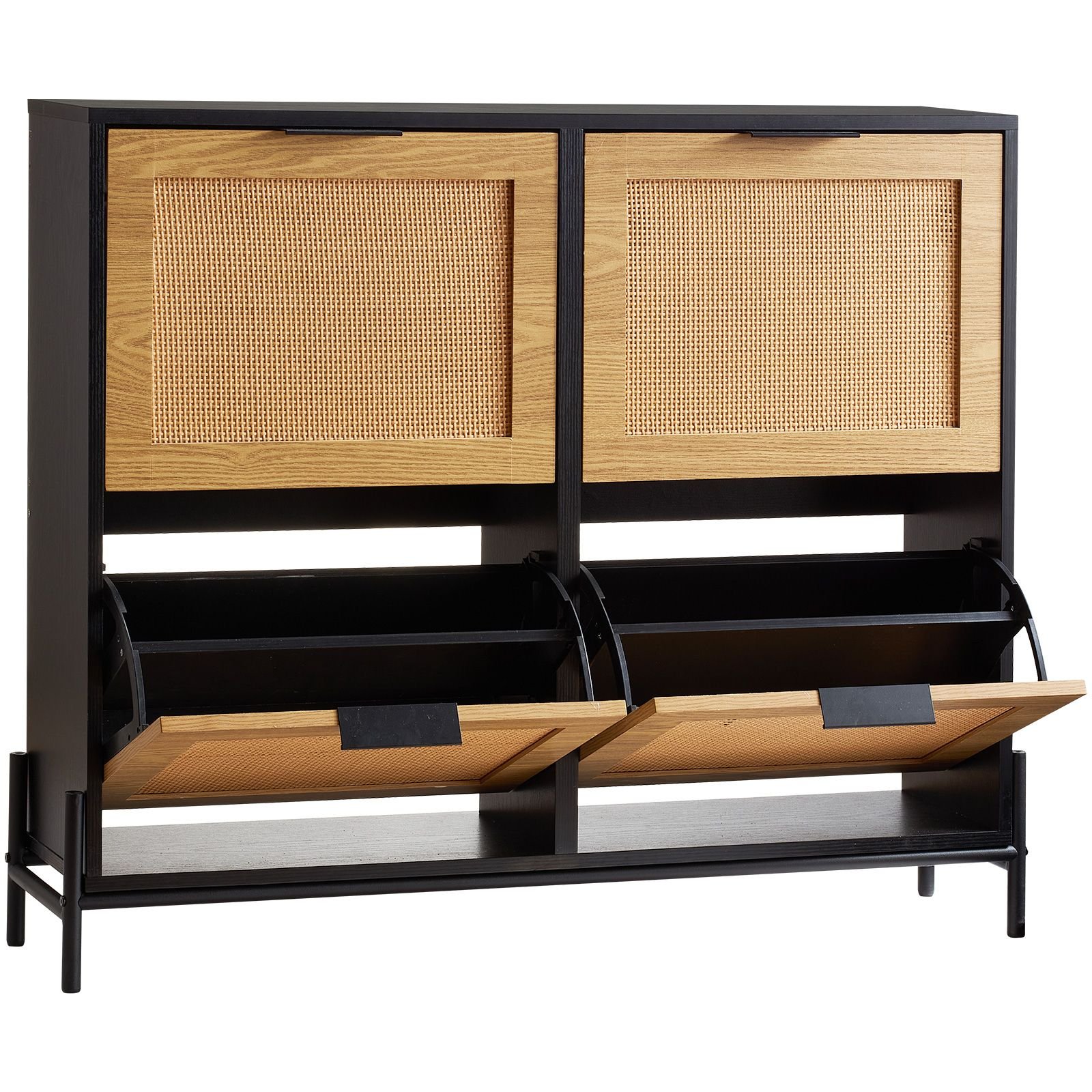 rattan shoe cabinet, narrow shoe storage organizer with 4 flip drawers, slim shoe entryway storage cabinet with metal legs, ideal for entryway, closet, hallway, light wood color