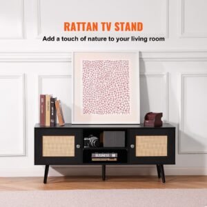 rattan tv stand, boho tv cabinet for 55 inch tv, mid century modern tv stand, rattan tv console with adjustable shelfs for living room, media room, black
