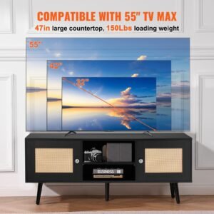 rattan tv stand, boho tv cabinet for 55 inch tv, mid century modern tv stand, rattan tv console with adjustable shelfs for living room, media room, black