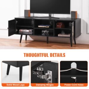 rattan tv stand, boho tv cabinet for 55 inch tv, mid century modern tv stand, rattan tv console with adjustable shelfs for living room, media room, black
