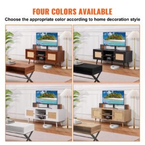 rattan tv stand, boho tv cabinet for 55 inch tv, mid century modern tv stand, rattan tv console with adjustable shelfs for living room, media room, black