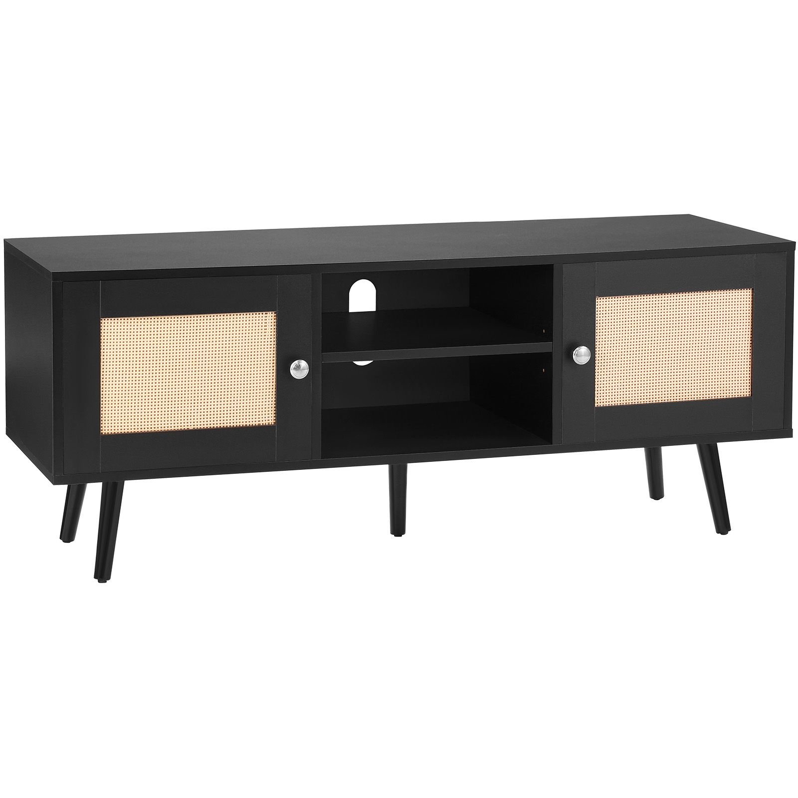 rattan tv stand, boho tv cabinet for 55 inch tv, mid century modern tv stand, rattan tv console with adjustable shelfs for living room, media room, black