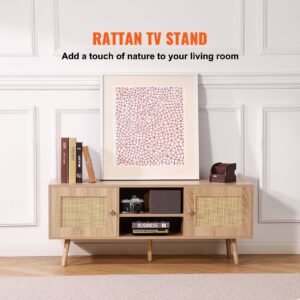 rattan tv stand, boho tv cabinet for 55 inch tv, mid century modern tv stand, rattan tv console with adjustable shelfs for living room, media room, oak