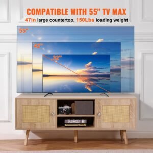 rattan tv stand, boho tv cabinet for 55 inch tv, mid century modern tv stand, rattan tv console with adjustable shelfs for living room, media room, oak