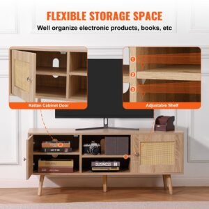 rattan tv stand, boho tv cabinet for 55 inch tv, mid century modern tv stand, rattan tv console with adjustable shelfs for living room, media room, oak