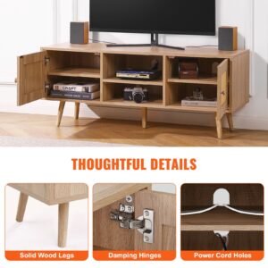 rattan tv stand, boho tv cabinet for 55 inch tv, mid century modern tv stand, rattan tv console with adjustable shelfs for living room, media room, oak