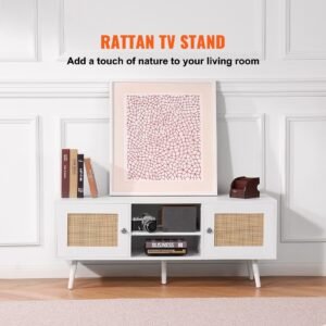 rattan tv stand, boho tv cabinet for 55 inch tv, mid century modern tv stand, rattan tv console with adjustable shelfs for living room, media room, white