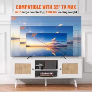 rattan tv stand, boho tv cabinet for 55 inch tv, mid century modern tv stand, rattan tv console with adjustable shelfs for living room, media room, white