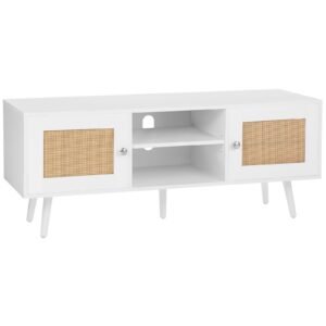 Rattan TV Stand, Boho TV Cabinet for 55 inch TV, Mid Century Modern TV Stand, Rattan TV Console with Adjustable Shelfs for Living Room, Media Room, White