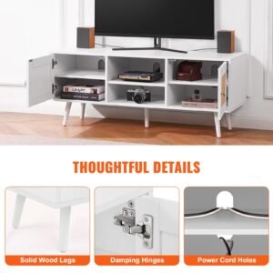 rattan tv stand, boho tv cabinet for 55 inch tv, mid century modern tv stand, rattan tv console with adjustable shelfs for living room, media room, white
