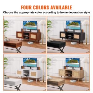 rattan tv stand, boho tv cabinet for 55 inch tv, mid century modern tv stand, rattan tv console with adjustable shelfs for living room, media room, white