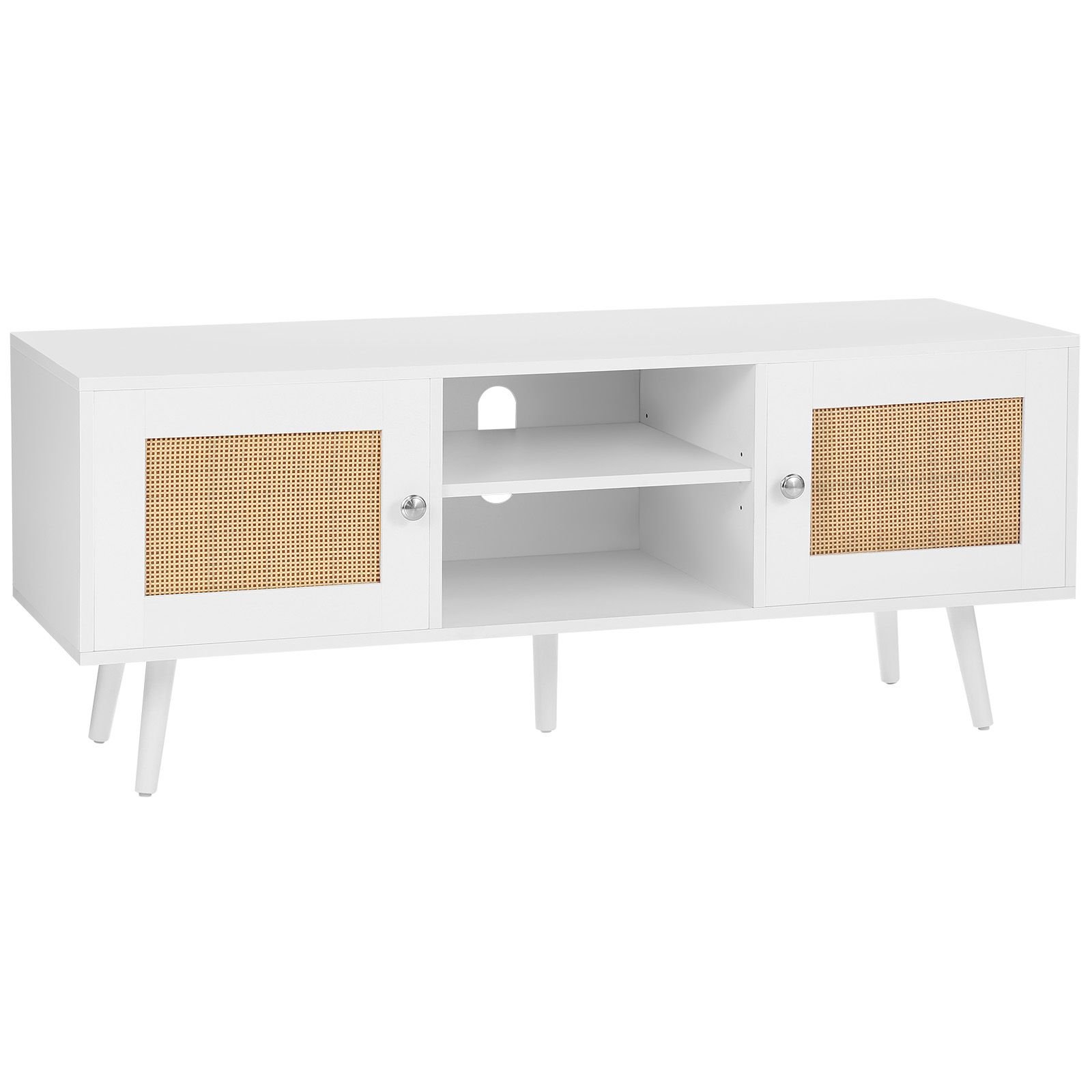 rattan tv stand, boho tv cabinet for 55 inch tv, mid century modern tv stand, rattan tv console with adjustable shelfs for living room, media room, white