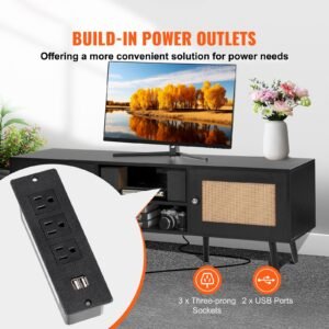 rattan tv stand for 65 inch tv, boho tv stand with rattan door, entertainment center with build in socket and usb ports, modern tv console for living room, media room, black