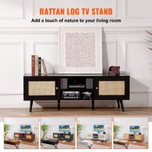 rattan tv stand for 65 inch tv, boho tv stand with rattan door, entertainment center with build in socket and usb ports, modern tv console for living room, media room, black