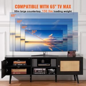 rattan tv stand for 65 inch tv, boho tv stand with rattan door, entertainment center with build in socket and usb ports, modern tv console for living room, media room, black