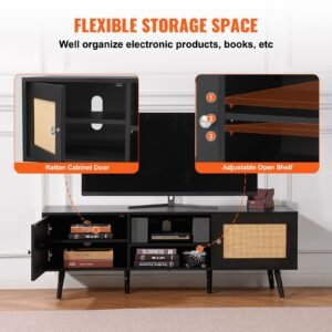 rattan tv stand for 65 inch tv, boho tv stand with rattan door, entertainment center with build in socket and usb ports, modern tv console for living room, media room, black