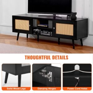 rattan tv stand for 65 inch tv, boho tv stand with rattan door, entertainment center with build in socket and usb ports, modern tv console for living room, media room, black