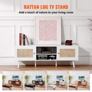 rattan tv stand for 65 inch tv, boho tv stand with rattan door, entertainment center with build in socket and usb ports, modern tv console for living room, media room, white