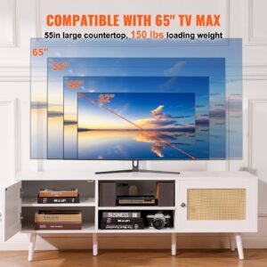 rattan tv stand for 65 inch tv, boho tv stand with rattan door, entertainment center with build in socket and usb ports, modern tv console for living room, media room, white