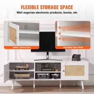 rattan tv stand for 65 inch tv, boho tv stand with rattan door, entertainment center with build in socket and usb ports, modern tv console for living room, media room, white