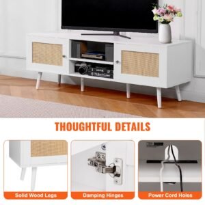 rattan tv stand for 65 inch tv, boho tv stand with rattan door, entertainment center with build in socket and usb ports, modern tv console for living room, media room, white