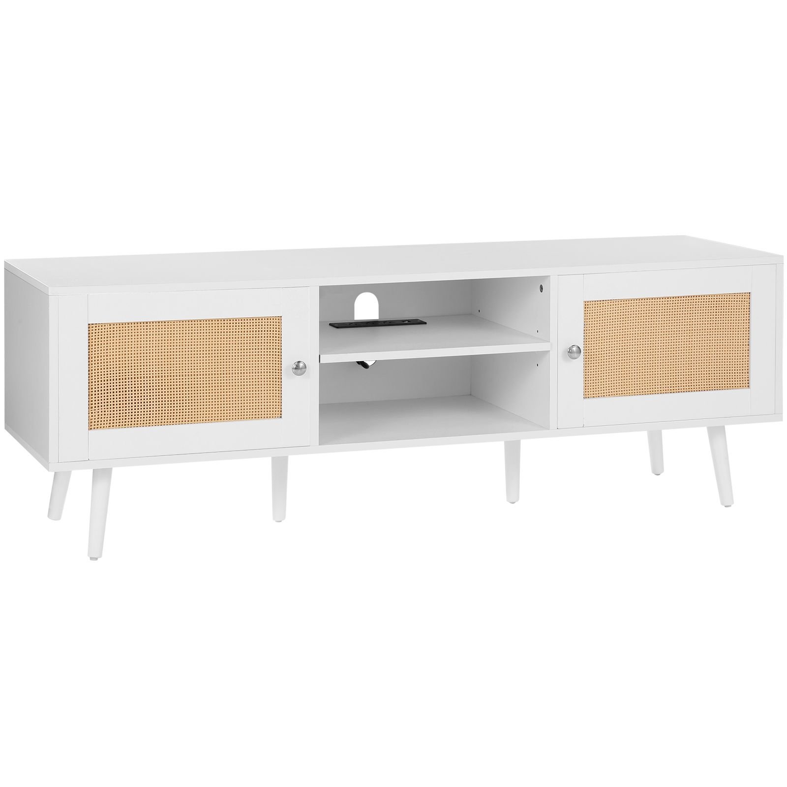 rattan tv stand for 65 inch tv, boho tv stand with rattan door, entertainment center with build in socket and usb ports, modern tv console for living room, media room, white