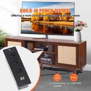 rattan tv stand for 75in tv, boho tv stand with rattan door, entertainment center with build in socket, storage cabinet with 2 shelves, modern tv console for living room, media room, walnut