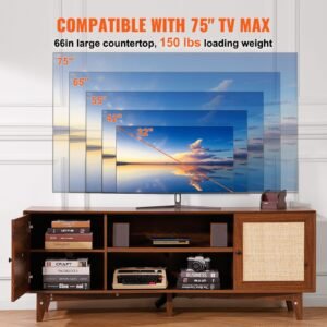 rattan tv stand for 75in tv, boho tv stand with rattan door, entertainment center with build in socket, storage cabinet with 2 shelves, modern tv console for living room, media room, walnut