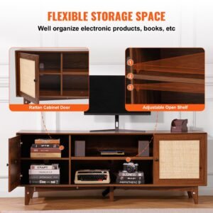 rattan tv stand for 75in tv, boho tv stand with rattan door, entertainment center with build in socket, storage cabinet with 2 shelves, modern tv console for living room, media room, walnut