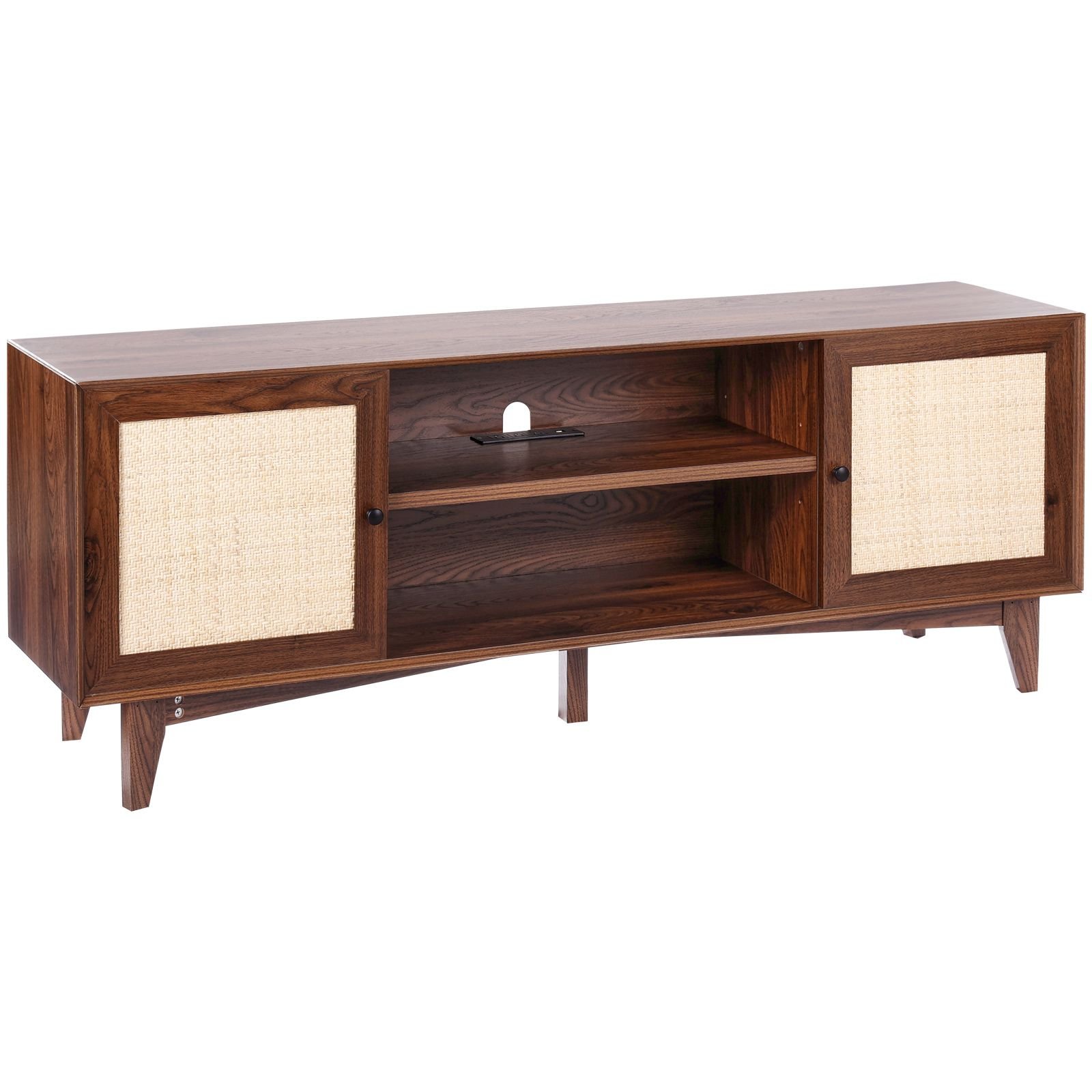 rattan tv stand for 75in tv, boho tv stand with rattan door, entertainment center with build in socket, storage cabinet with 2 shelves, modern tv console for living room, media room, walnut