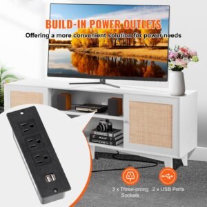 rattan tv stand for 75in tv, boho tv stand with rattan door, entertainment center with build in socket, storage cabinet with 2 shelves, modern tv console for living room, media room, white