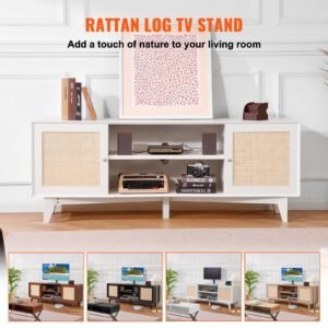 rattan tv stand for 75in tv, boho tv stand with rattan door, entertainment center with build in socket, storage cabinet with 2 shelves, modern tv console for living room, media room, white