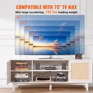 rattan tv stand for 75in tv, boho tv stand with rattan door, entertainment center with build in socket, storage cabinet with 2 shelves, modern tv console for living room, media room, white