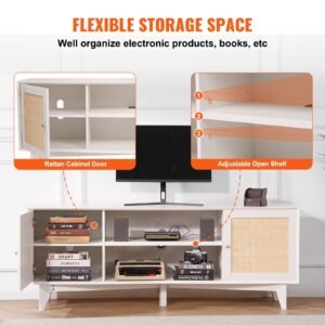 rattan tv stand for 75in tv, boho tv stand with rattan door, entertainment center with build in socket, storage cabinet with 2 shelves, modern tv console for living room, media room, white