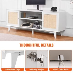 rattan tv stand for 75in tv, boho tv stand with rattan door, entertainment center with build in socket, storage cabinet with 2 shelves, modern tv console for living room, media room, white