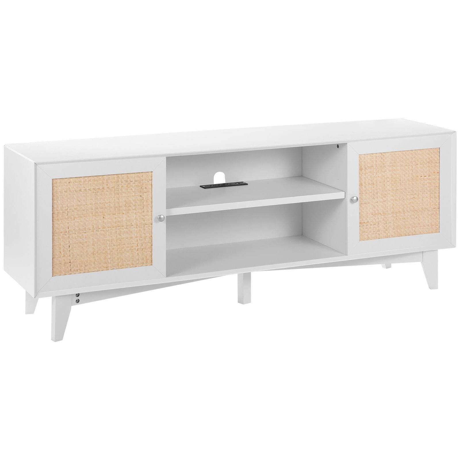 rattan tv stand for 75in tv, boho tv stand with rattan door, entertainment center with build in socket, storage cabinet with 2 shelves, modern tv console for living room, media room, white