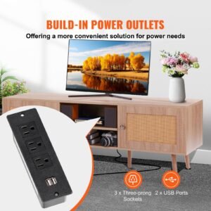 rattan tv stand, mid century modern tv stand for 65 inch tv, boho rattan tv cabinet with build in socket and usb ports, adjustable shelfs for living room, media room, oak