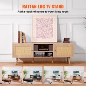 rattan tv stand, mid century modern tv stand for 65 inch tv, boho rattan tv cabinet with build in socket and usb ports, adjustable shelfs for living room, media room, oak