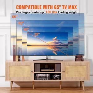 rattan tv stand, mid century modern tv stand for 65 inch tv, boho rattan tv cabinet with build in socket and usb ports, adjustable shelfs for living room, media room, oak