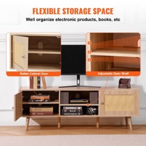 rattan tv stand, mid century modern tv stand for 65 inch tv, boho rattan tv cabinet with build in socket and usb ports, adjustable shelfs for living room, media room, oak