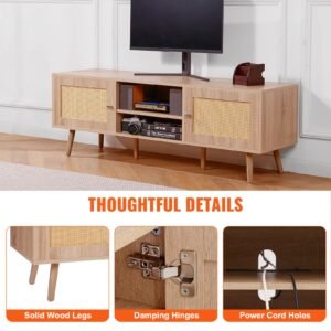 rattan tv stand, mid century modern tv stand for 65 inch tv, boho rattan tv cabinet with build in socket and usb ports, adjustable shelfs for living room, media room, oak
